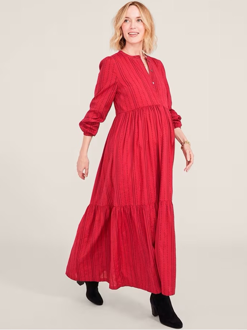 HATCH MATERNITY THE KATANA RED COTTON EMBROIDERED LONG SLEEVE AUTUMN MAXI DRESS